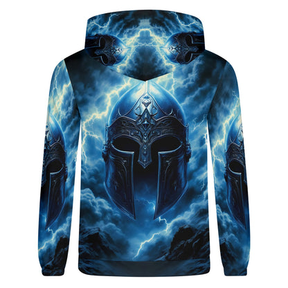 Loud and Lethal Iron Tempest Poly French Terry hoodie with blue lightning and medieval helmet design