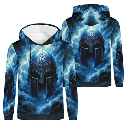 Iron Tempest Poly French Terry hoodie with blue lightning and Spartan helmet design by Loud and Lethal