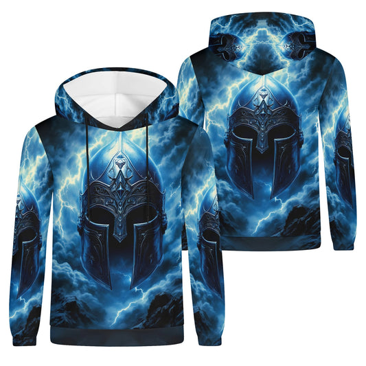 Iron Tempest Poly French Terry hoodie with blue lightning and Spartan helmet design by Loud and Lethal