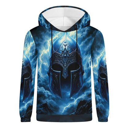 Unisex Iron Tempest Poly French Terry hoodie by Loud and Lethal featuring a blue armored helmet design with lightning storm