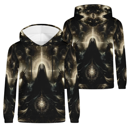 Keeper of the Obsidian Wings Poly French Terry hoodie with dark mystical winged design in black and gold tones