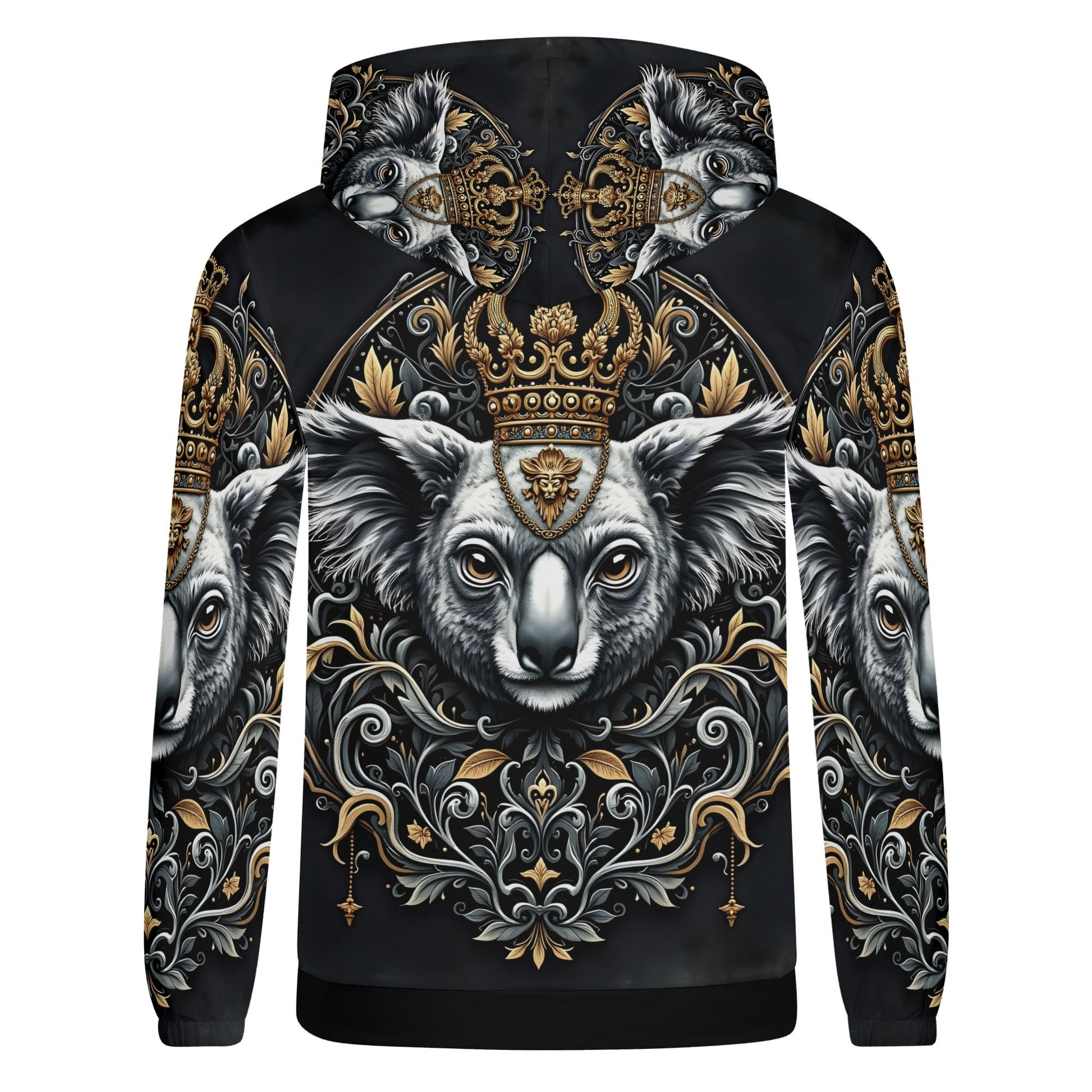 Loud and Lethal unisex hoodie back with crowned koala and gold filigree Koala Royalty Poly French Terry Hoodie Limited Edition