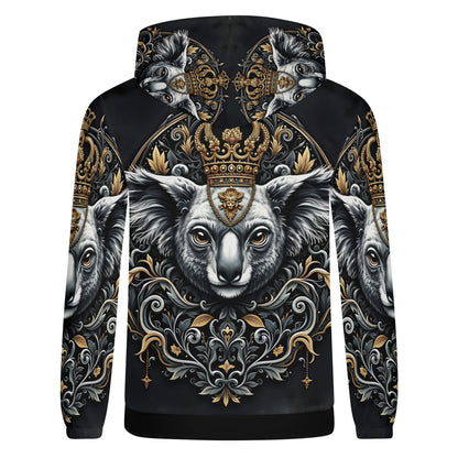 Loud and Lethal unisex hoodie back with crowned koala and gold filigree Koala Royalty Poly French Terry Hoodie Limited Edition