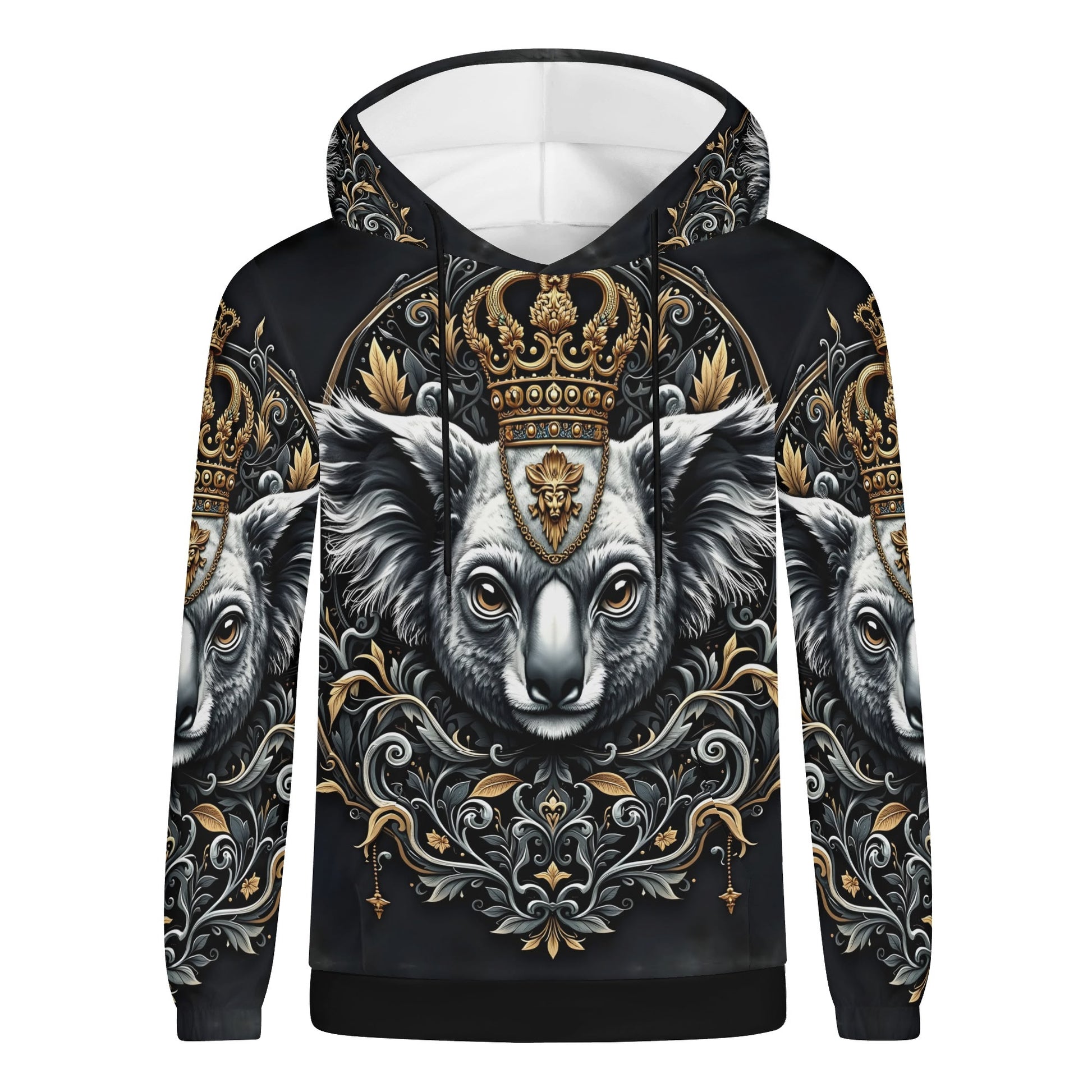 Loud and Lethal unisex black hoodie with ornate gold crowned koala print Koala Royalty Poly French Terry Hoodie Limited Edition