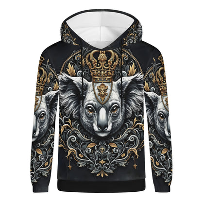 Loud and Lethal unisex black hoodie with ornate gold crowned koala print Koala Royalty Poly French Terry Hoodie Limited Edition