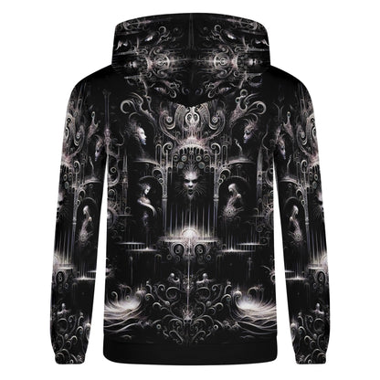Back view of Loud and Lethal Labyrinth of Souls Cotton Terry Hoodie with dark intricate fantasy design