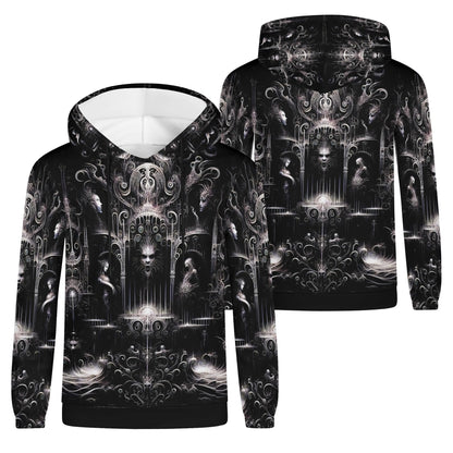 Labyrinth of Souls Cotton Terry Hoodie by Loud and Lethal with intricate dark fantasy design on front and back