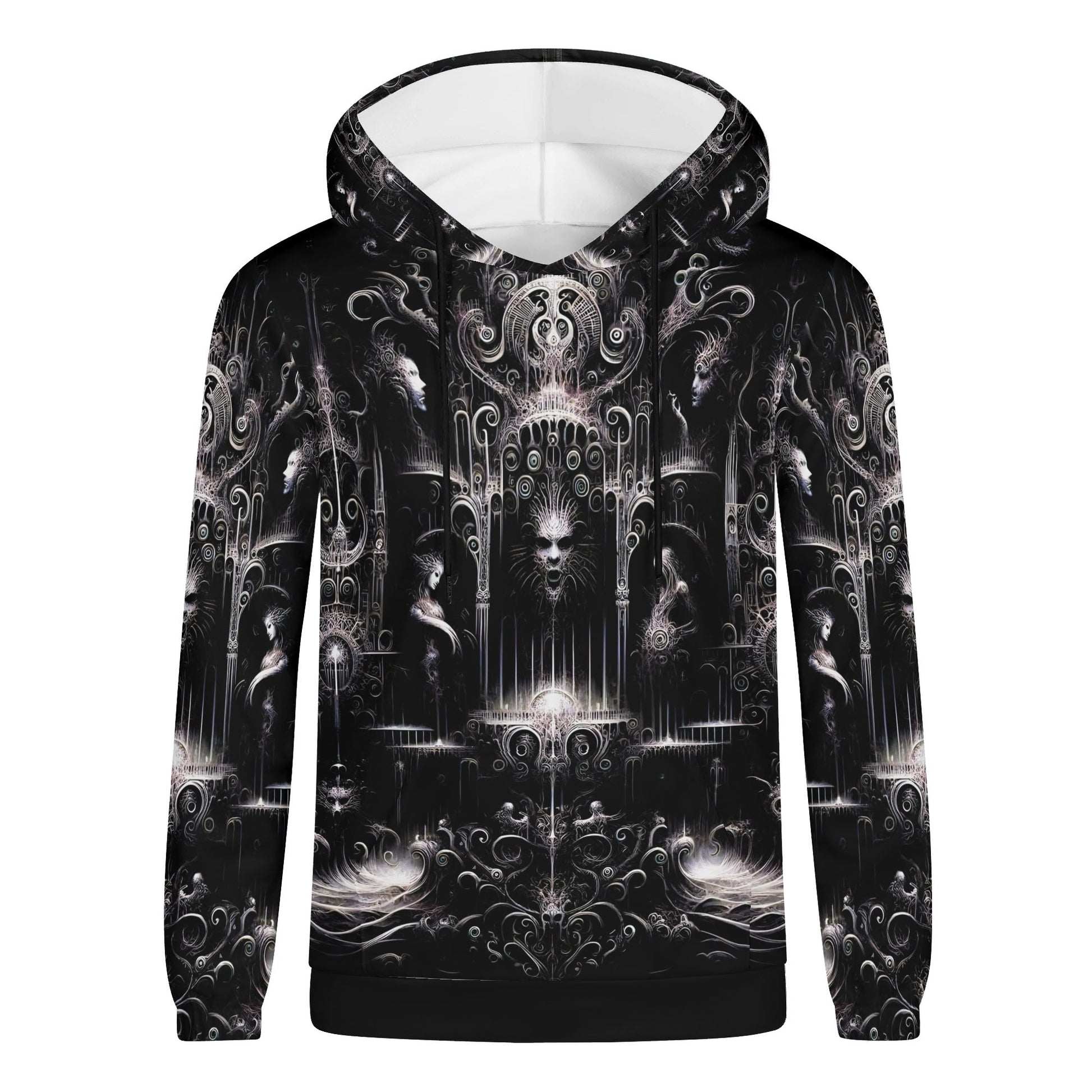 Unisex Labyrinth of Souls Cotton Terry Hoodie by Loud and Lethal in black with intricate mystical design