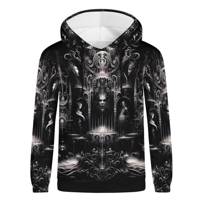 Unisex Labyrinth of Souls Cotton Terry Hoodie by Loud and Lethal in black with intricate mystical design