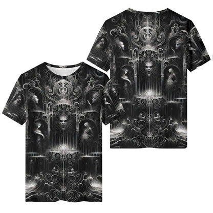 Labyrinth of Souls Lycra T-Shirt by Loud and Lethal unisex black graphic tee with intricate dark surreal design