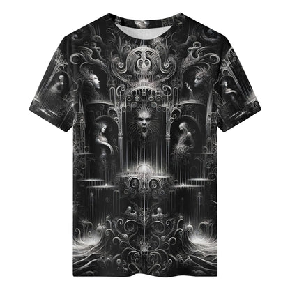 Labyrinth of Souls Lycra T-Shirt by Loud and Lethal with intricate dark gothic design in black and white
