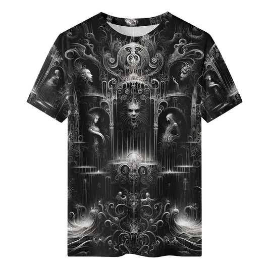 Labyrinth of Souls Lycra T-Shirt by Loud and Lethal with intricate dark gothic design in black and white