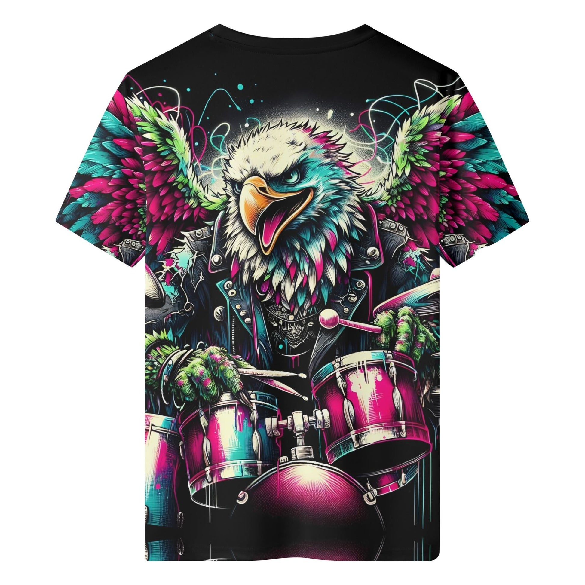 Leather and Feathers Org Cotton Kids T-Shirt featuring colorful eagle playing drums graphic