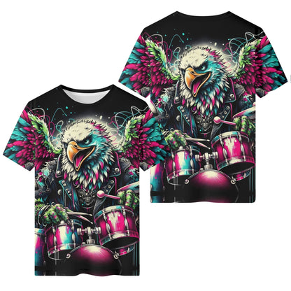 Leather and Feathers Org Cotton Kids T-Shirt featuring colorful eagle playing drums by Loud and Lethal