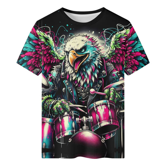 Leather and Feathers Org Cotton Kids T-Shirt with colorful eagle playing drums design