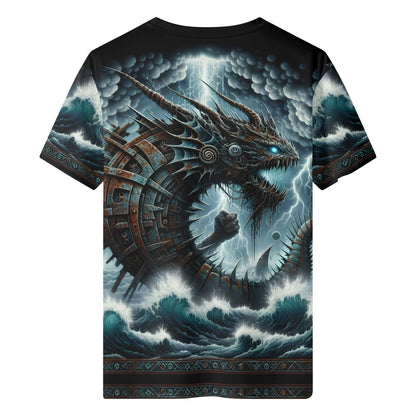 Leviadrake Organic Cotton Kids T-Shirt with dark stormy sea dragon design from Loud and Lethal
