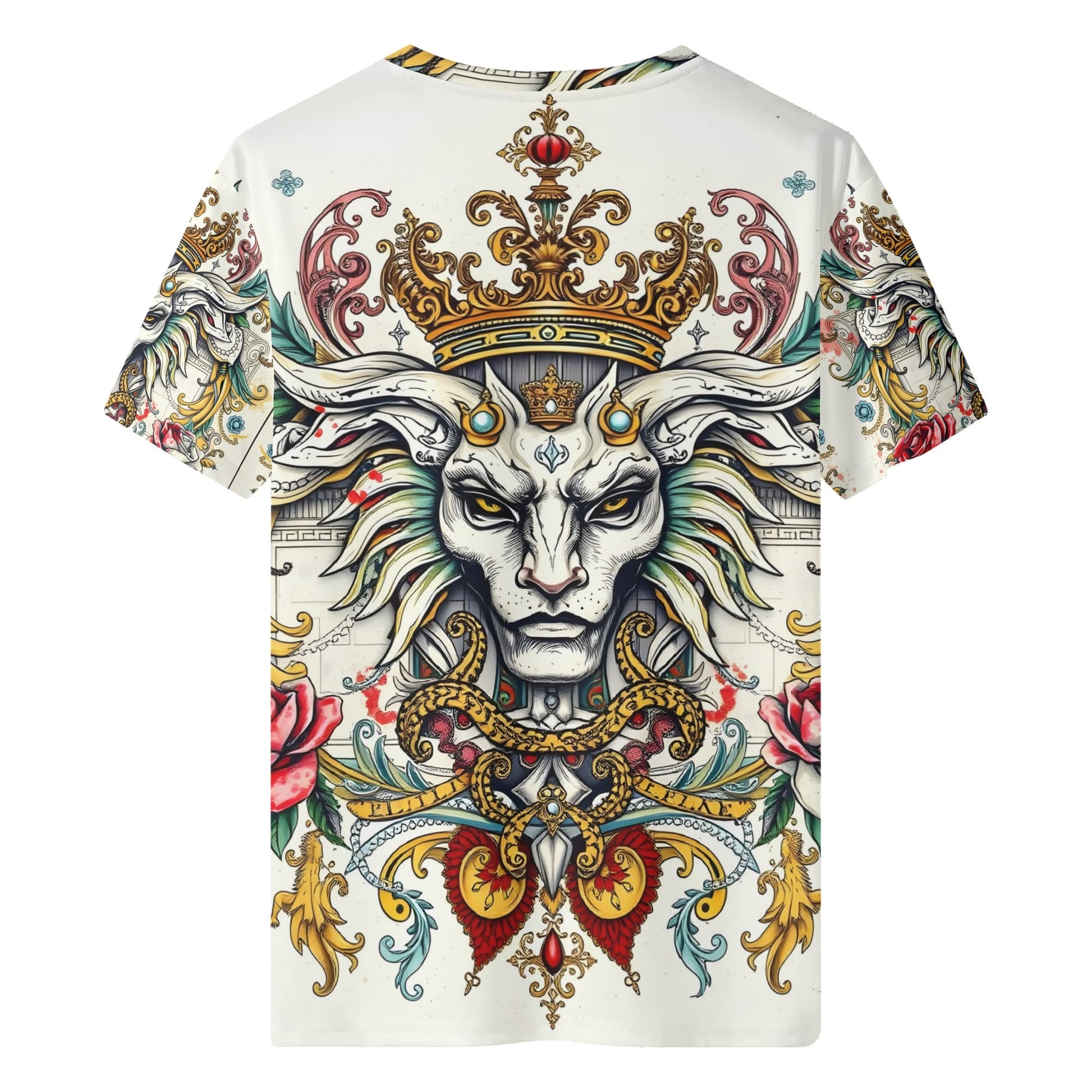 Mystical Majesty Lycra T-Shirt Loud & Lethal Limited Edition. Unisex tee with crowned lion face and ornate gold floral filigree