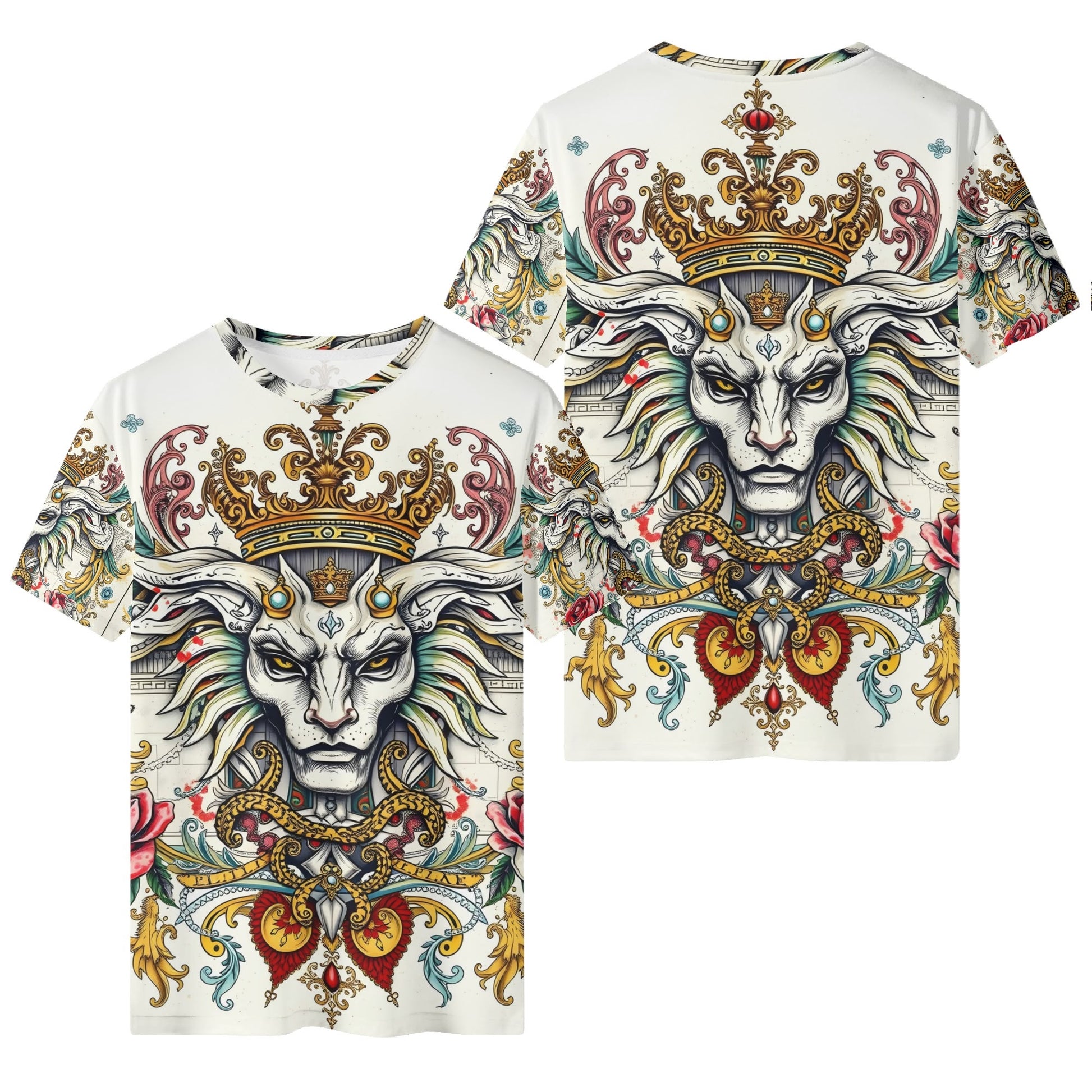 Mystical Majesty Lycra T-Shirt Loud & Lethal Limited Edition. ornate white unisex tee with crowned lion baroque colorful print