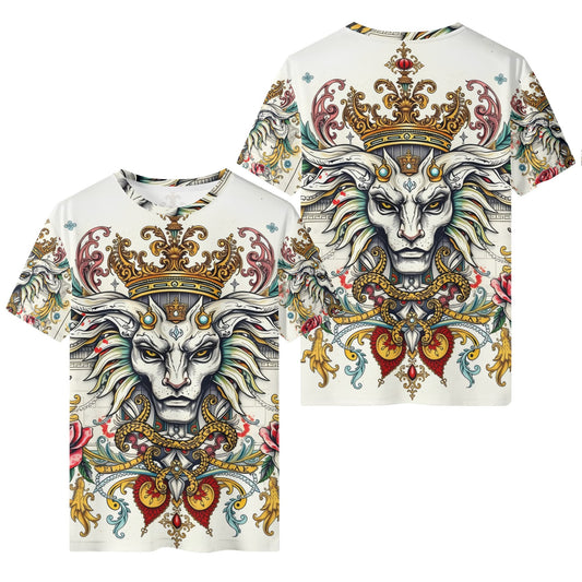 Mystical Majesty Lycra T-Shirt Loud & Lethal Limited Edition. ornate white unisex tee with crowned lion baroque colorful print