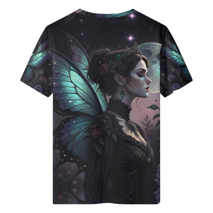 Lunar Enchantress Organic Cotton Kids T-Shirt featuring a mystical fairy with glowing wings under a starry night sky