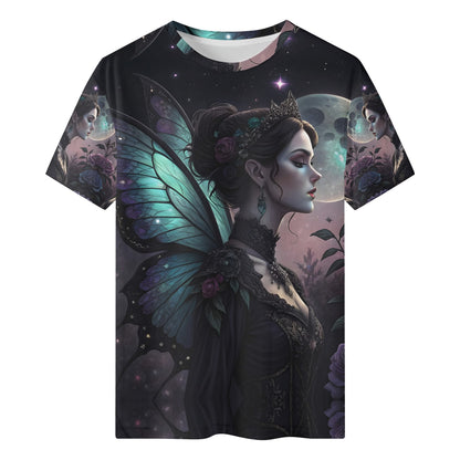 Lunar Enchantress Organic Cotton Kids T-Shirt featuring a fairy with butterfly wings under a moonlit night