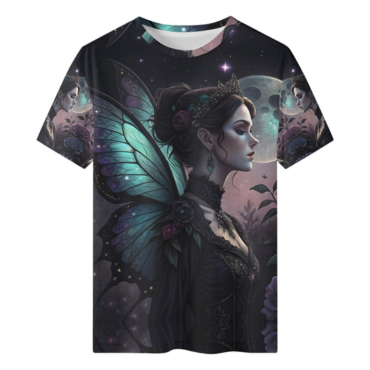 Lunar Enchantress Organic Cotton Kids T-Shirt featuring a fairy with butterfly wings under a moonlit night