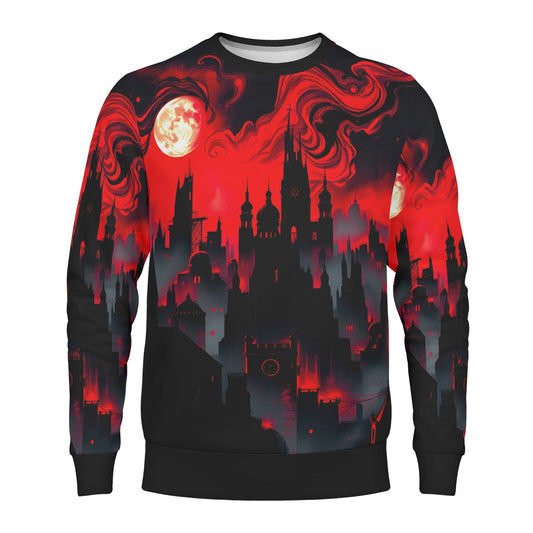 Blood Moon Rising Poly French Terry Sweatshirt unisex sweater by Loud and Lethal featuring red moon gothic cityscape design