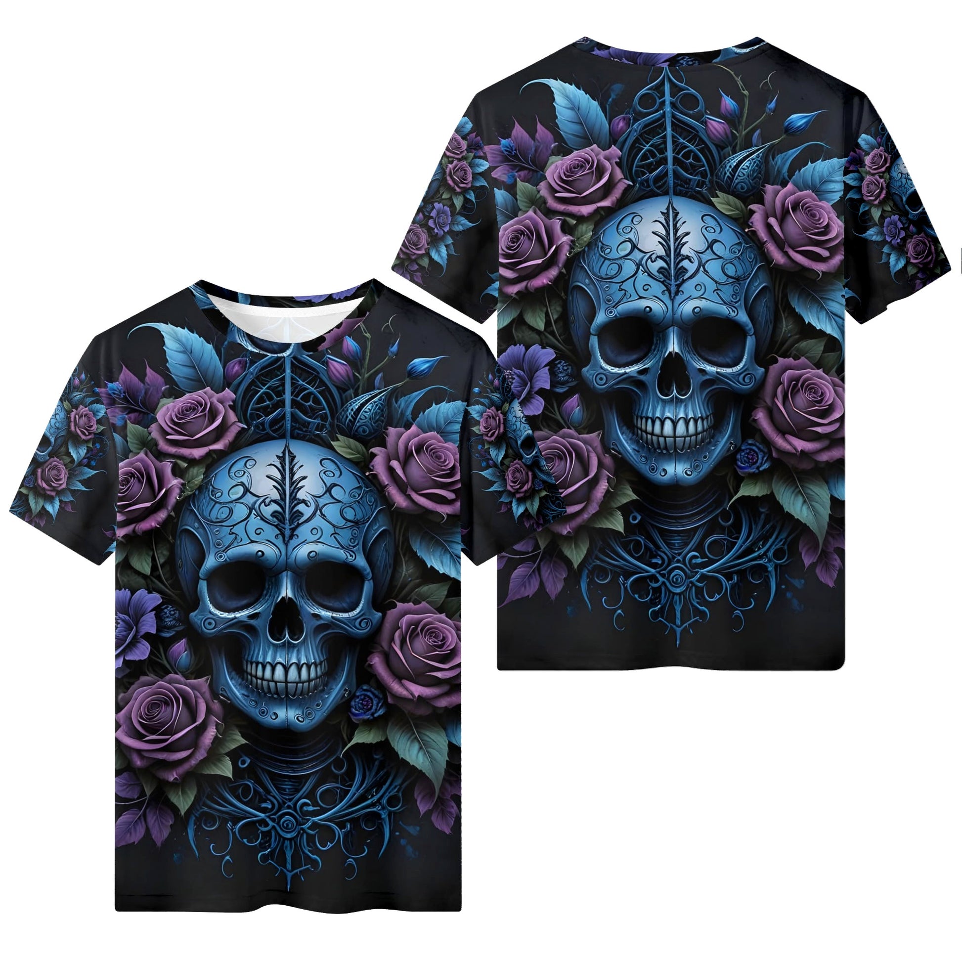Lush Decay 100 Cotton T-Shirt by Loud and Lethal featuring blue skull and purple roses graphic design