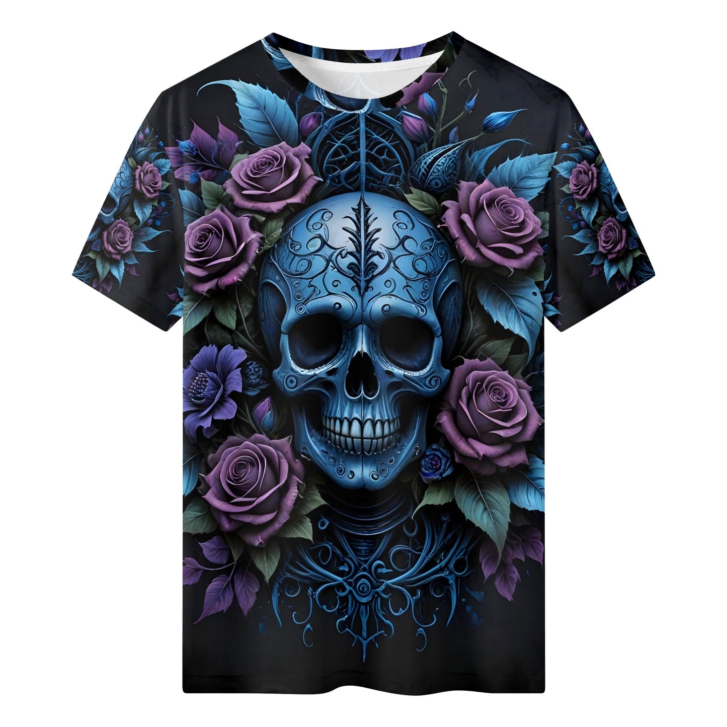 Lush Decay 100 Cotton T-Shirt by Loud and Lethal with blue skull and purple roses design