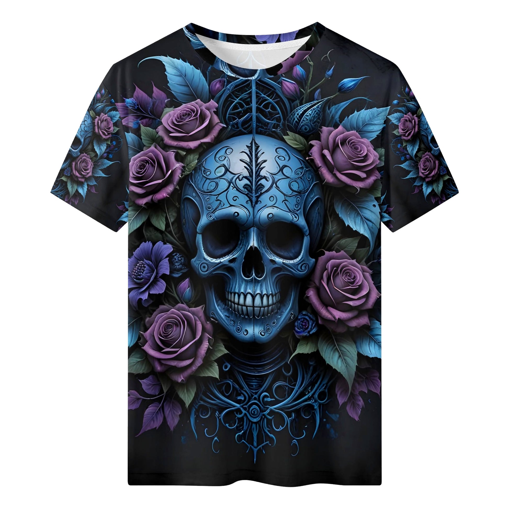 Lush Decay 100 Cotton T-Shirt by Loud and Lethal with blue skull and purple roses design