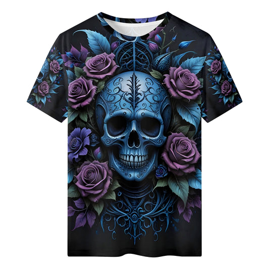 Lush Decay 100 Cotton T-Shirt by Loud and Lethal with blue skull and purple roses design