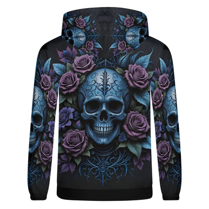Lush Decay Poly French Terry hoodie with blue skull and purple roses design by Loud and Lethal