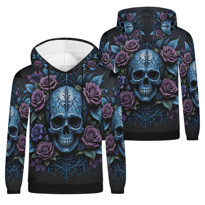 Lush Decay Poly French Terry hoodie by Loud and Lethal featuring blue skull and purple rose design on black background