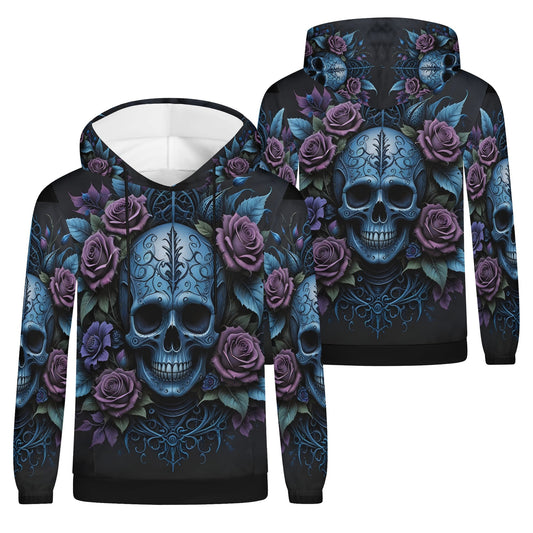 Lush Decay Poly French Terry hoodie by Loud and Lethal featuring blue skull and purple rose design on black background