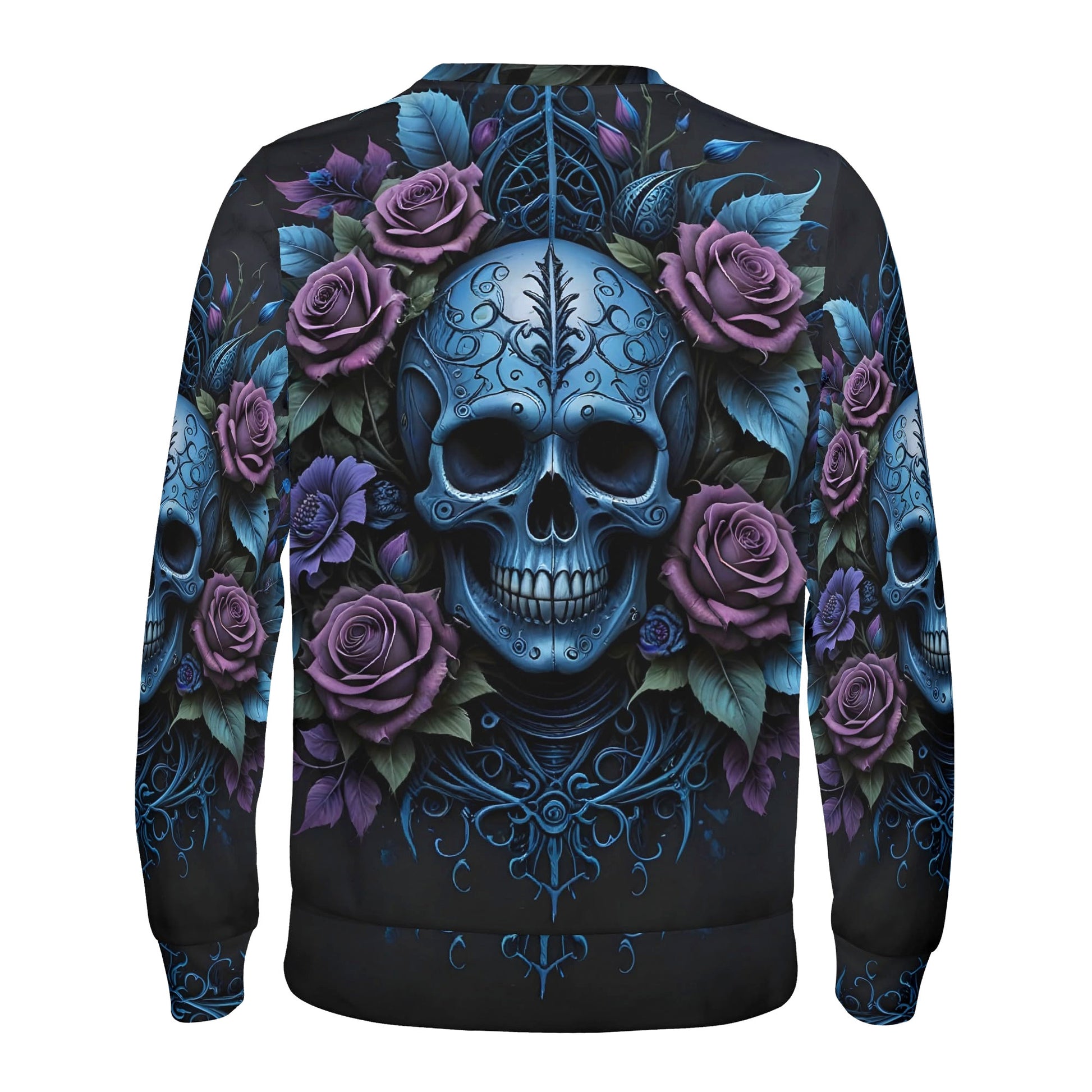Lush Decay Poly French Terry Sweatshirt unisex Loud and Lethal sweater with blue ornamental skull and purple roses back print