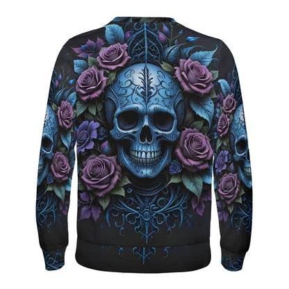 Lush Decay Poly French Terry Sweatshirt unisex Loud and Lethal sweater with blue ornamental skull and purple roses back print