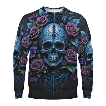 Loud and Lethal unisex sweater Lush Decay Poly French Terry Sweatshirt with ornate blue skull and purple roses on black