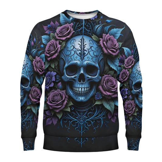 Loud and Lethal unisex sweater Lush Decay Poly French Terry Sweatshirt with ornate blue skull and purple roses on black