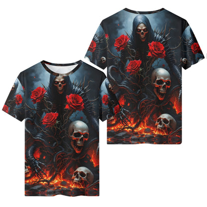Maleficent Macabre 100 Cotton T-Shirt featuring dark skull and red rose design on front and back