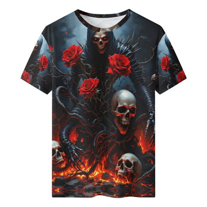 Maleficent Macabre 100 Cotton T-Shirt featuring dark skulls, red roses, and eerie gothic design