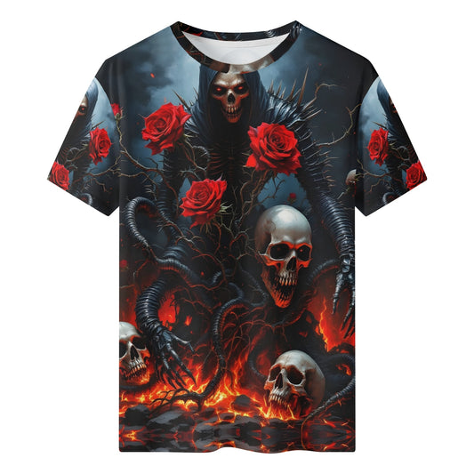 Maleficent Macabre 100 Cotton T-Shirt featuring dark skulls, red roses, and eerie gothic design