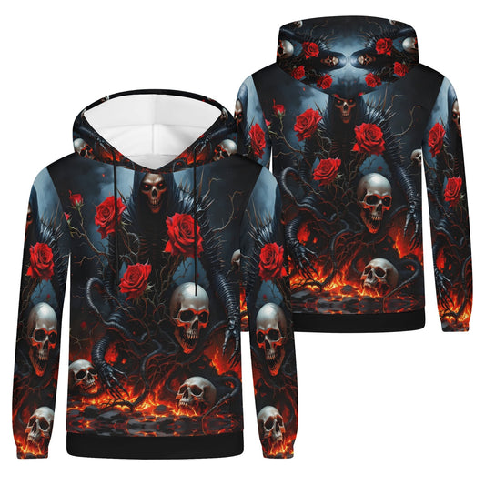 Maleficent Macabre Cotton Terry hoodie featuring skulls, red roses, and dark twisted branches in fiery landscape