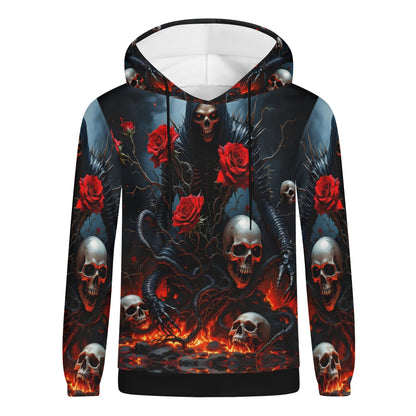 Maleficent Macabre Cotton Terry hoodie with skulls, red roses, and dark gothic fiery design