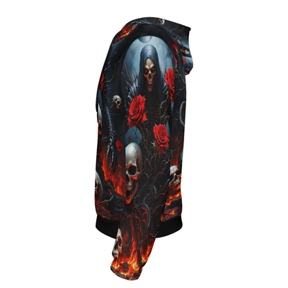Loud and Lethal Maleficent Macabre Cotton Terry hoodie with skull and red rose design in dark gothic style