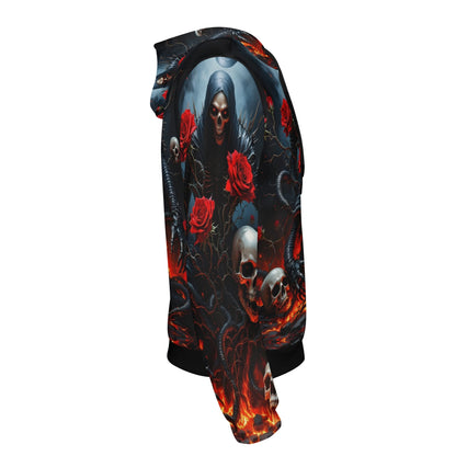 Loud and Lethal Maleficent Macabre Cotton Terry hoodie with skulls and red roses graphic design
