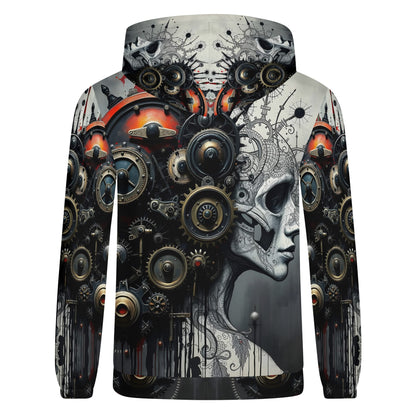 Mech and Flesh Poly French Terry hoodie by Loud and Lethal featuring mechanical gears and a stylized skull design