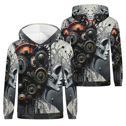 Loud and Lethal Mech and Flesh Poly French Terry hoodie featuring detailed mechanical skull design on unisex hoodie