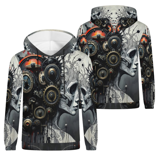 Loud and Lethal Mech and Flesh Poly French Terry hoodie featuring detailed mechanical skull design on unisex hoodie