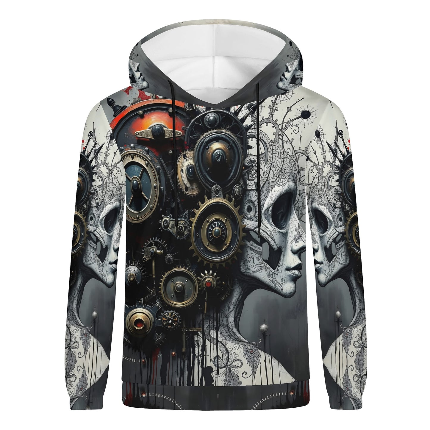 Mech and Flesh Poly French Terry hoodie featuring detailed steampunk and mechanical skull design