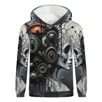Mech and Flesh Poly French Terry hoodie featuring detailed steampunk and mechanical skull design